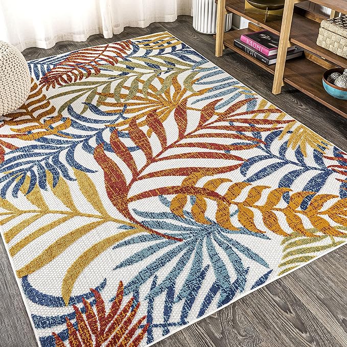 JONATHAN Y Tropics Palm Leaves Indoor Outdoor Area Rug 8X10 Cream/Orange, Boho for Backyard, Patio, Porch, Easy-Cleaning, High Traffic, Pet-Friendly, Non-Shedding (AMC100B-8)