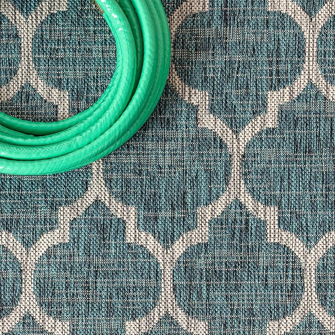 JONATHAN Y Moroccan Trellis Indoor Outdoor Runner Rug 2X10 Teal/Gray, Trebol Textured Weave for Backyard, Patio, Porch, Easy-Cleaning, High Traffic, Pet-Friendly, Non-Shedding (SMB109E-210)