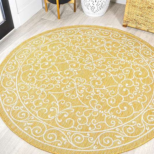 JONATHAN Y Vintage Filigree Indoor Outdoor Round Area Rug 5 Ft Yellow/Cream, Charleston Textured Weave for Backyard, Patio, Porch, Easy-Cleaning, High Traffic, Pet-Friendly, Non-Shedding (SMB106L-5R)