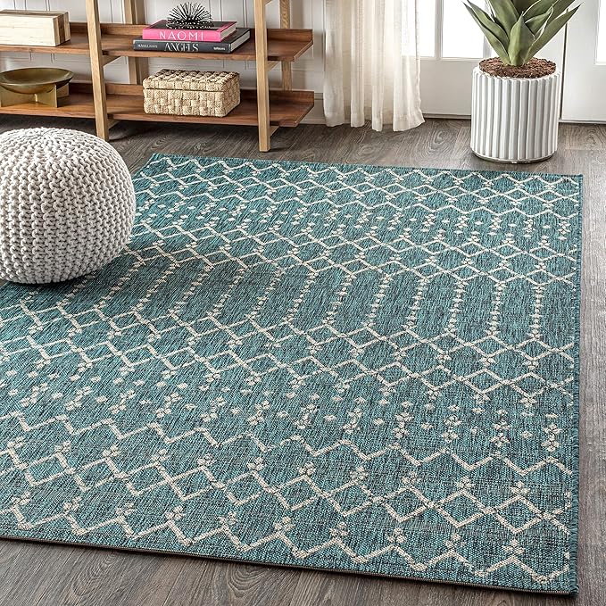 JONATHAN Y Moroccan Geometric Indoor Outdoor Area Rug 9X12 Teal/Gray, Ourika Textured Weave for Backyard, Patio, Porch, Easy-Cleaning, High Traffic, Pet-Friendly, Non-Shedding (SMB108C-9)
