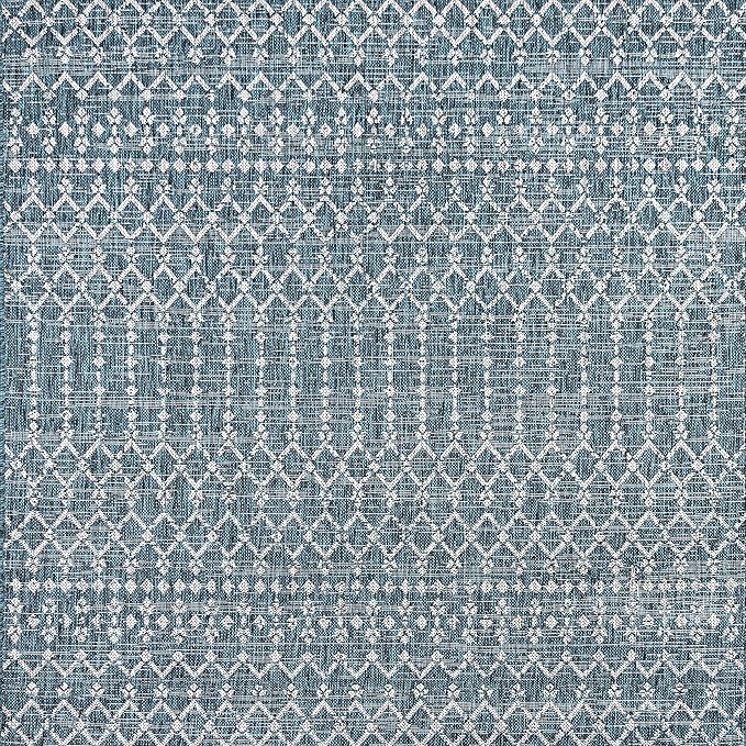 JONATHAN Y Moroccan Geometric Indoor Outdoor Square Area Rug 8X8 Teal/Gray, Ourika Textured Weave for Backyard, Patio, Porch, Easy-Cleaning, High Traffic, Pet-Friendly, Non-Shedding (SMB108C-8SQ)
