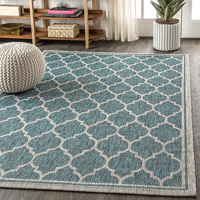 JONATHAN Y Moroccan Trellis Indoor Outdoor Area Rug 3X5 Teal/Gray, Trebol Textured Weave for Backyard, Patio, Porch, Easy-Cleaning, High Traffic, Pet-Friendly, Non-Shedding (SMB109E-3)